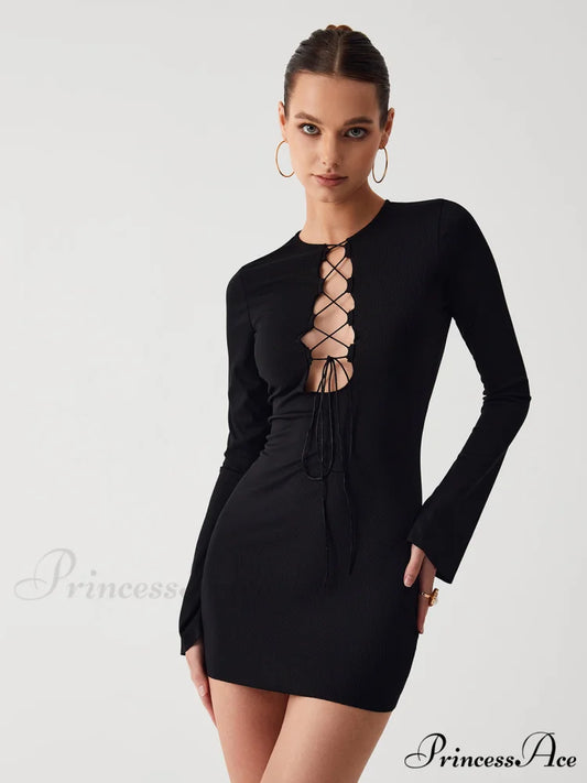 Criss Cross Long Trendy Sleeve Short Dress Black / S