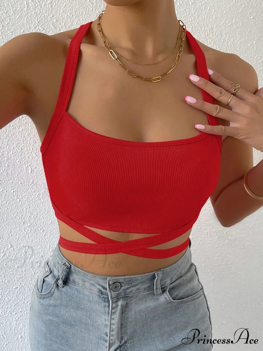 Crisscross Tie Backless Crop Cami Top Red / XS