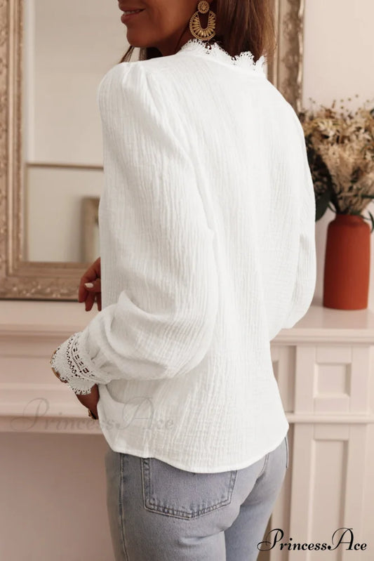 Crochet Blouse with Trim Lace Deep V Neck White Textured Detail