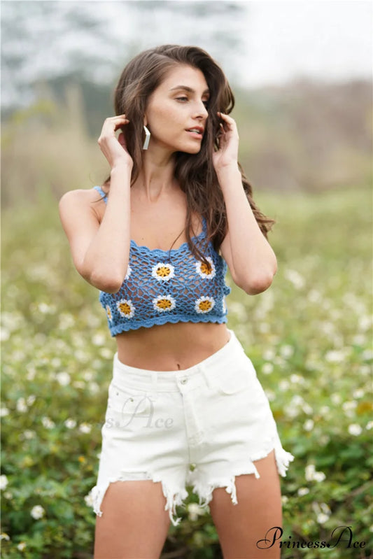 Crochet Cami Cropped Flowered Top Azure / S