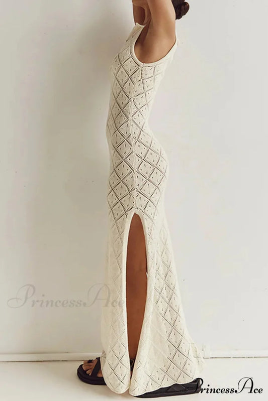 Crochet Hollow Out Knit Tank Dress with Rhombus Pattern Apricot / M