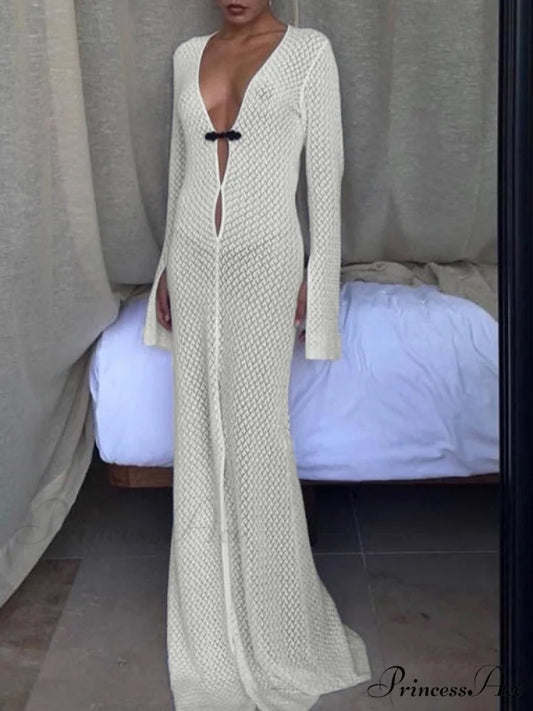 Crochet Lace Graceful Long Sleeve Blouse White / S