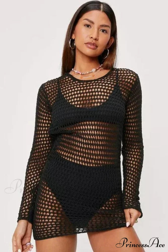 Crochet Low Back Charming Beach Cover Up Dress S / Black