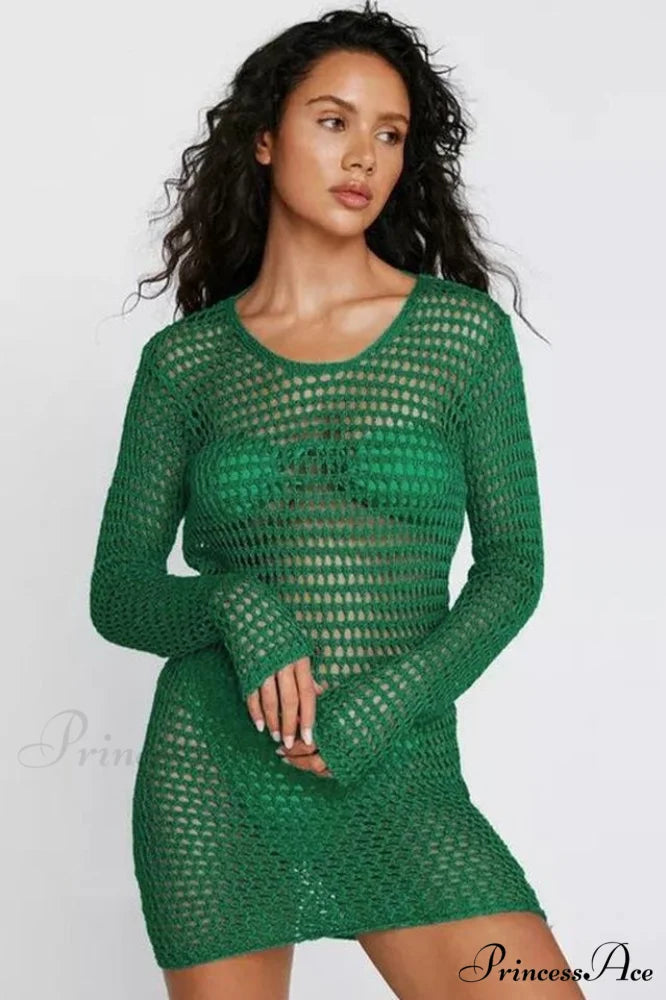 Crochet Low Back Charming Beach Cover Up Dress S / Green