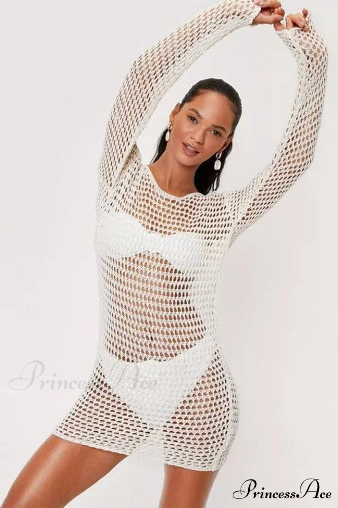Crochet Low Back Charming Beach Cover Up Dress S / White