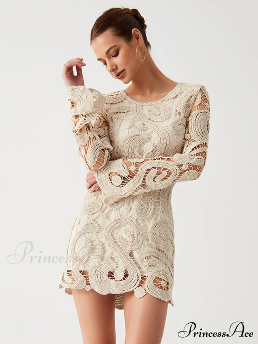Crochet Paisley Long Trendy Sleeve Short Dress Apricot / XS