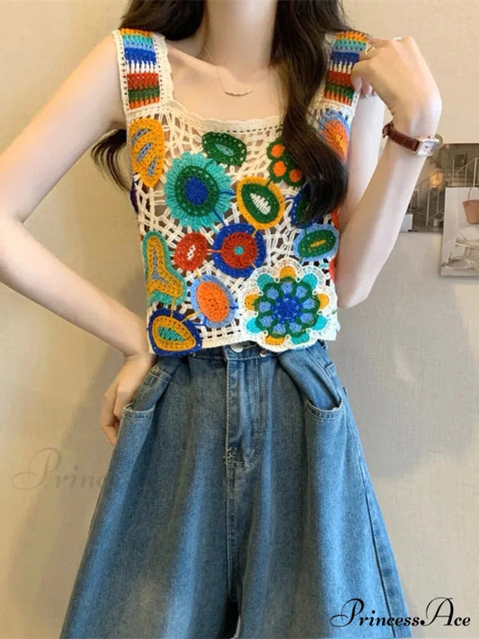 Crochet Variegated Stitched Floral Crop Top croptop-250126