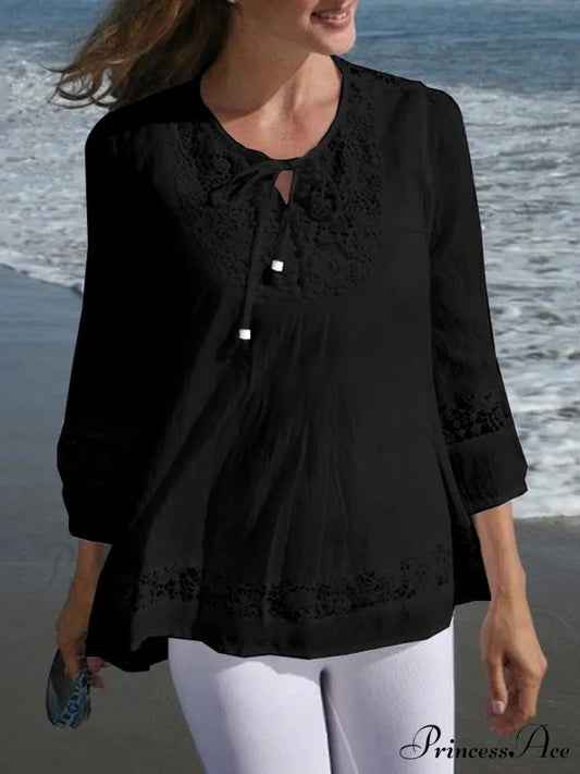 Crocheted Casual Patchwork Blouse Black / S blouse-250126