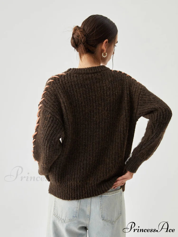 Crocheted Contrast Trim Trendy Ribbed Knit Sweater