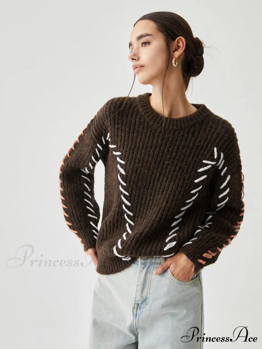 Crocheted Contrast Trim Trendy Ribbed Knit Sweater Brown / S