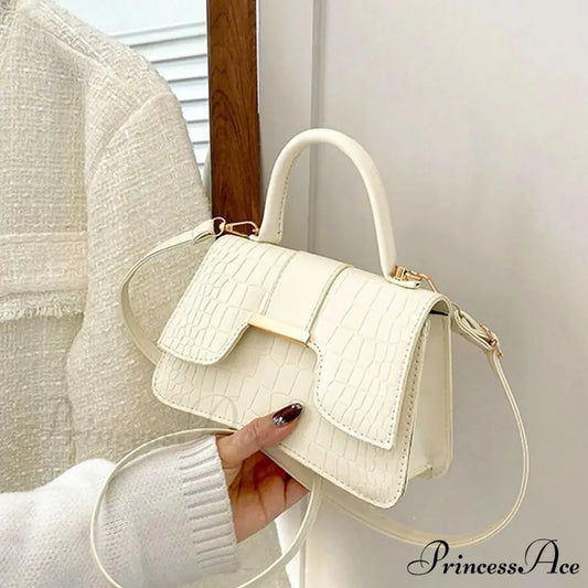 Crocodile Design Petite Square Retro Faux Leather Crossbody Purse White handbag-250126