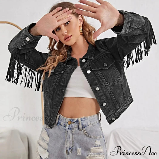 Crop Long Sleeve Button Tassel With Fringe Commuting Warm Chic Stylish Elegant Fashionable Versatile Jacket Black / XS
