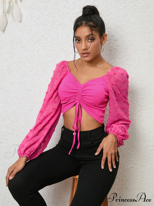 Cropped Blouse Crop Swiss Long Arm Drawstring Dot Top Hot Pink / S