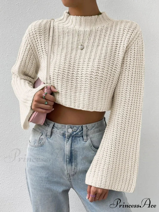 Cropped Long Neck Mock Arm Sweater Beige / S