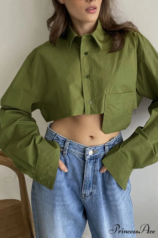Cropped Shirt with Lapel Patch Pocket Green / S
