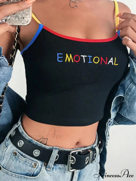 Cropped Spaghetti Strap EMOTIONAL Letter Tank Tops Crop Top Black / S