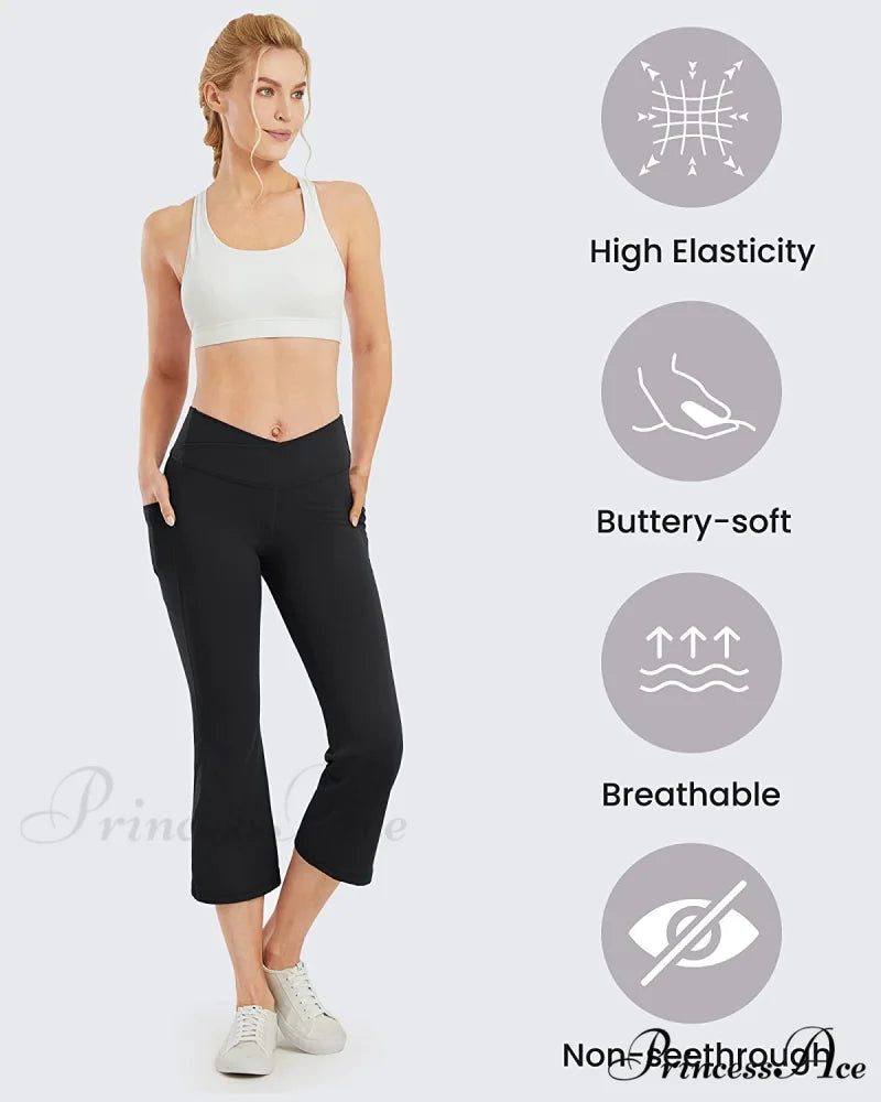Cross High Waisted Bootcut Capris for Women Flare Yoga Pants