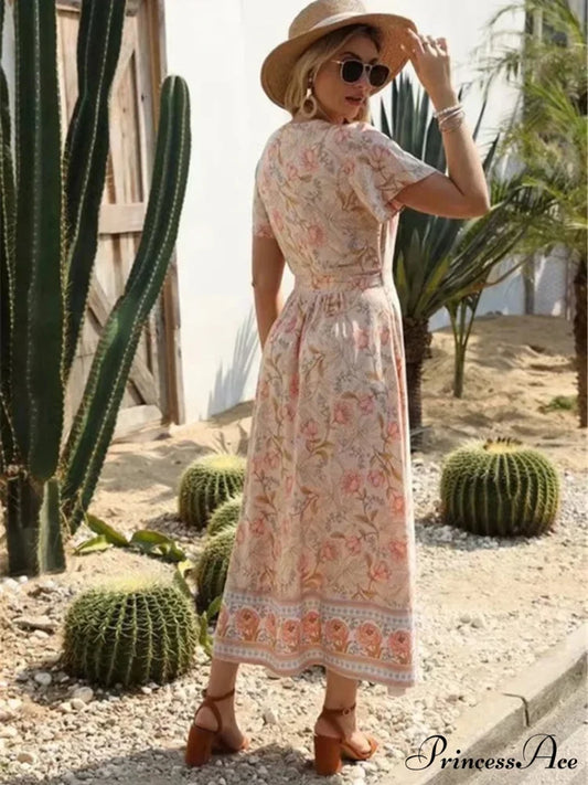 Cross Plunging Neckline Frills Bohemian Flared Dress Pink / S bohodress-250126
