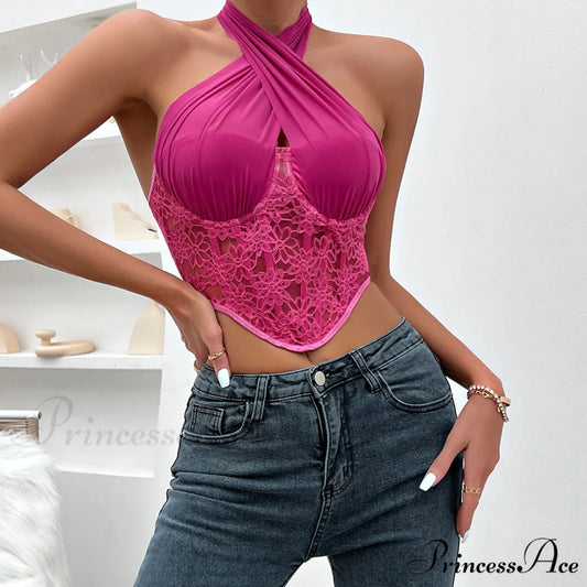 Crossed Halter Neck Lace Floral Classic Mesh Cropped Corset Top - Black S / Rose