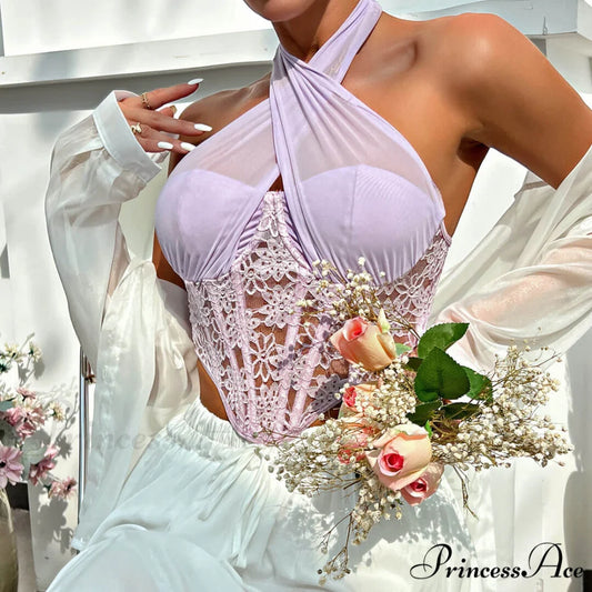 Crossed Halter Neck Lace Floral Classic Mesh Cropped Corset Top - Rose S / Violet