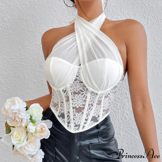 Crossed Halter Neck Lace Floral Classic Mesh Cropped Corset Top - Violet S / White