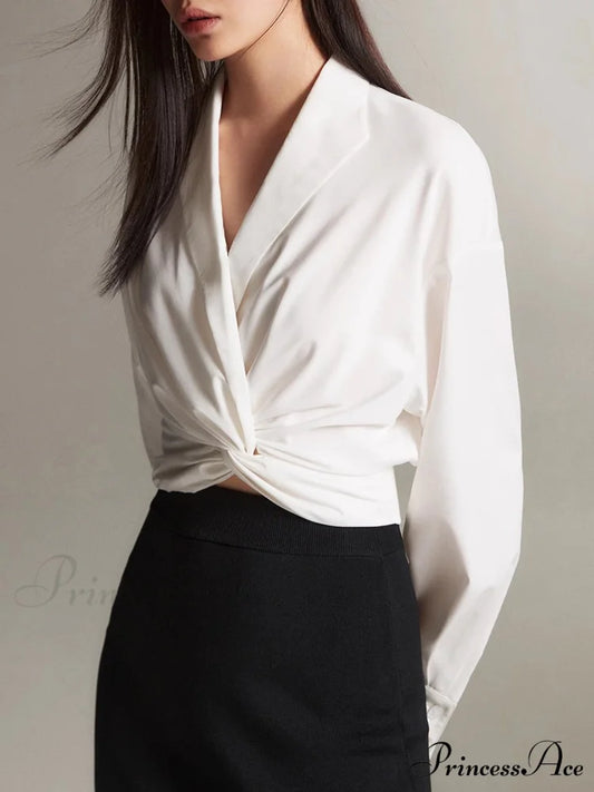 Crossover Twisted V-neck Trendy Long Sleeve Shirt White / XS