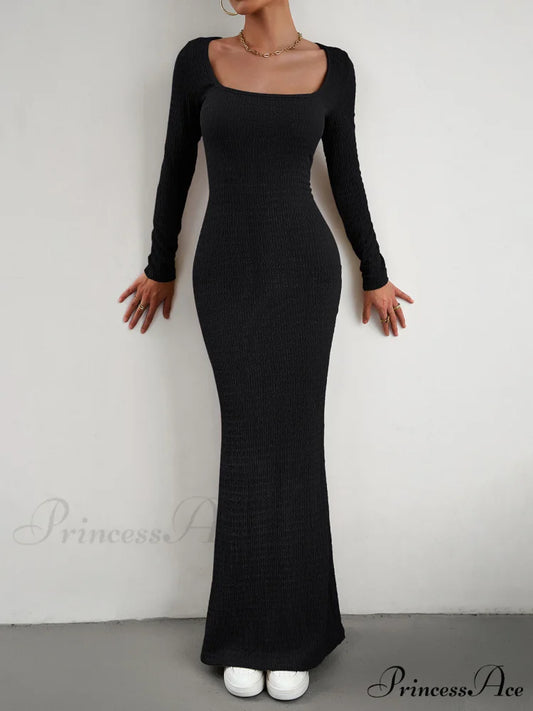 Crush Textured Long Trendy Sleeve Long Dress