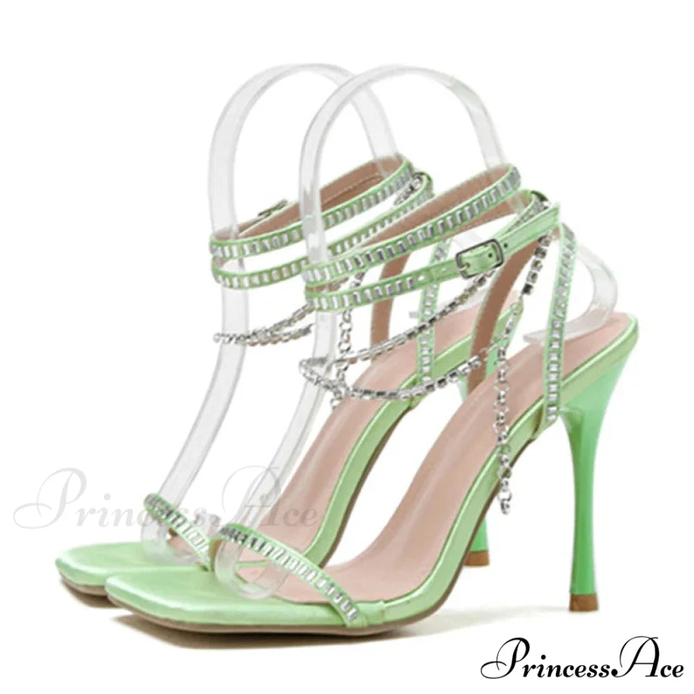 Crystal Chain Ankle-Strap Square-Toe Sexy Party Wedding Rhinestone Summer High Heel Green / 35