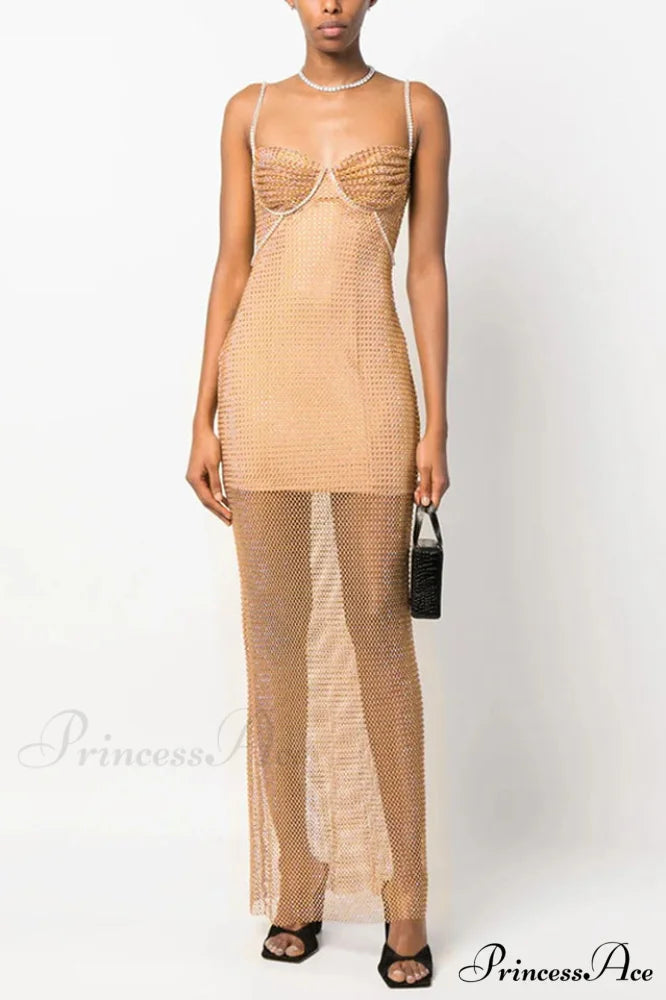 Crystal Embellished Stylish Fishnet Maxi Dress