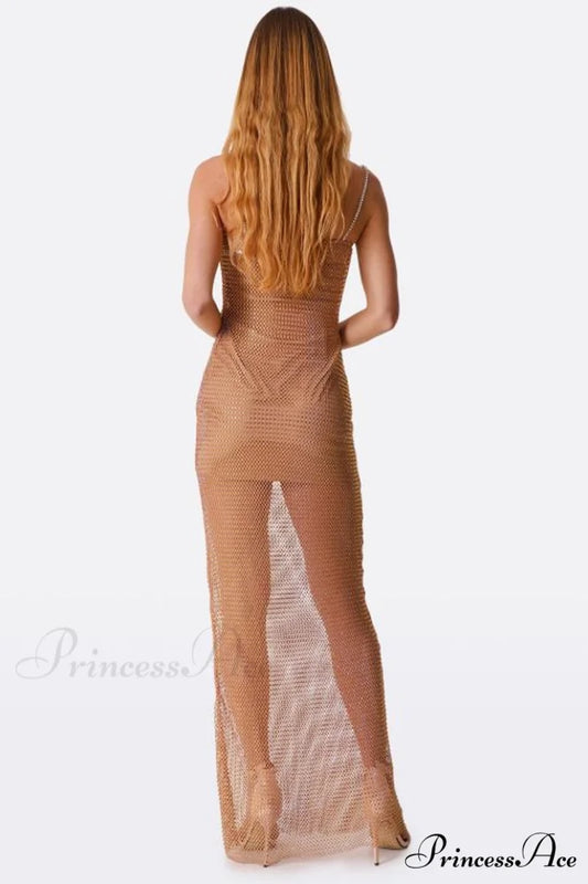 Crystal Embellished Stylish Fishnet Maxi Dress