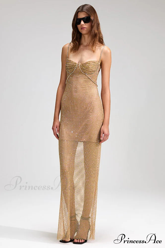 Crystal Embellished Stylish Fishnet Maxi Dress