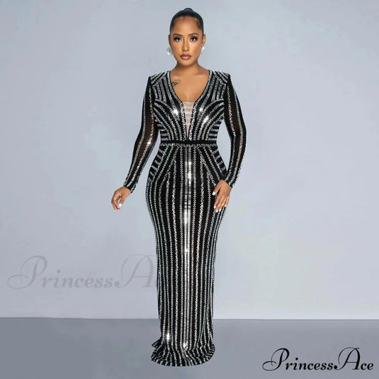 Crystal Rhinestone Long Party Dress Black / S