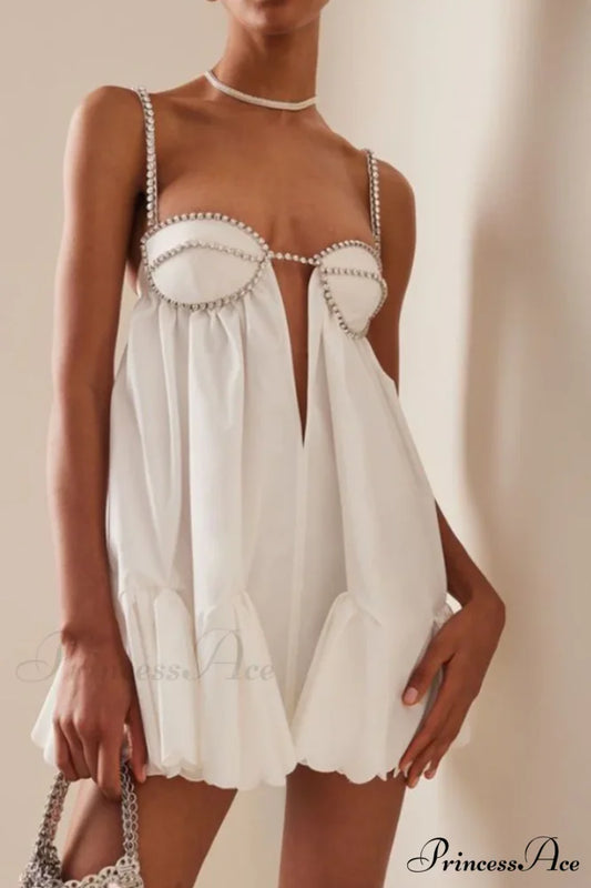 Crystal Trimmed Stylish Scallop Mini Dress XS / White