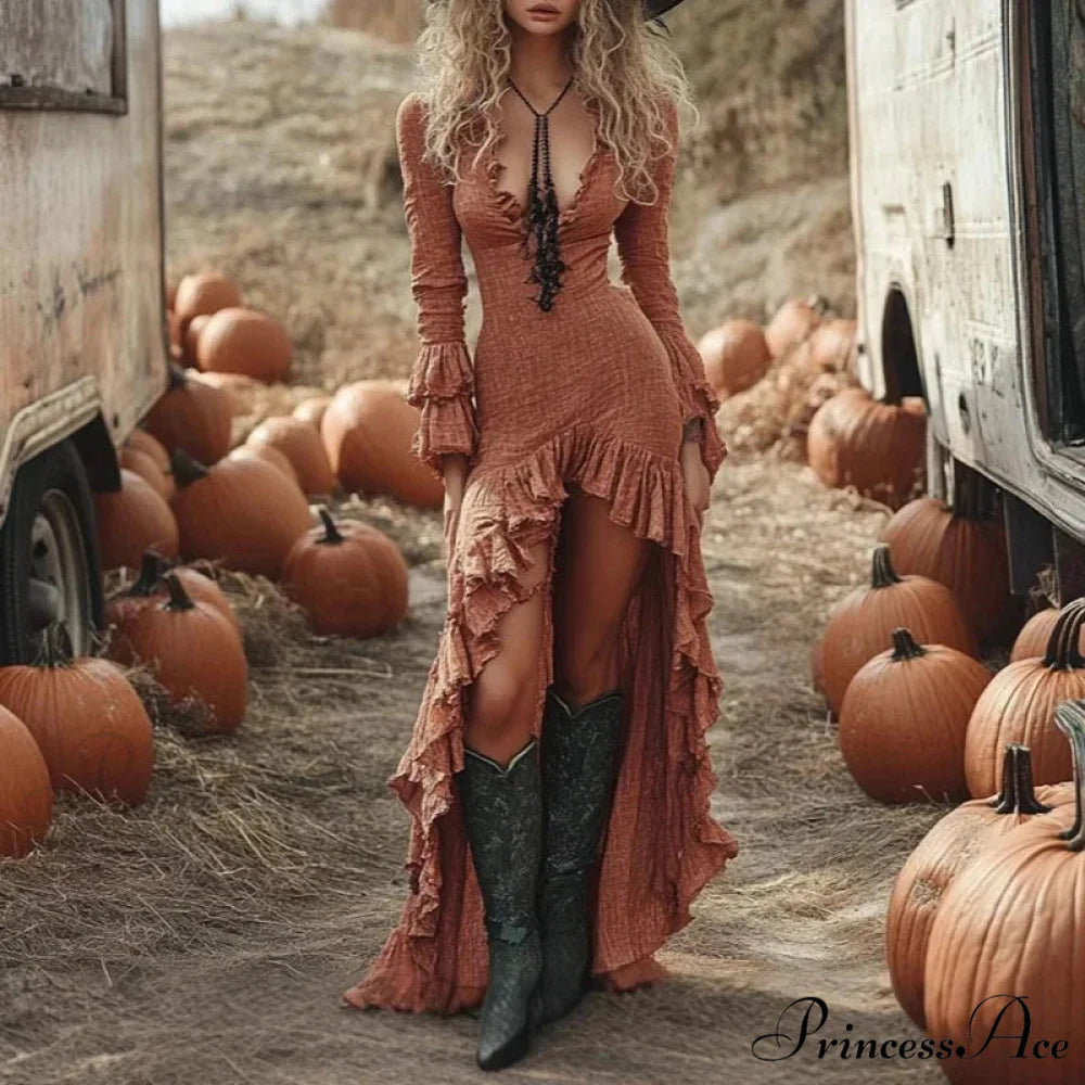 Cultural Vintage Firm Frill Bohemian Dress Rose Red / S bohodress-250126