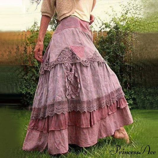 Curvy Women’s Summer Retro Frills Oversized Lace Maxi Skirts Pink / S skirt-250126