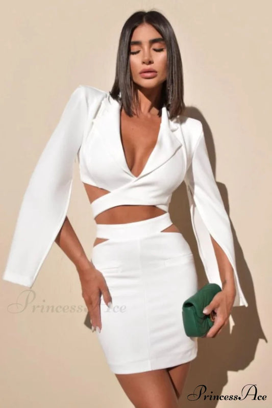 Cut Out Blazer Top Graceful + Mini Skirt Set XS / White