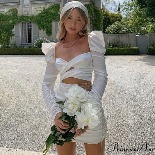 Cut Out Graceful Puff Sleeve Dress S / White
