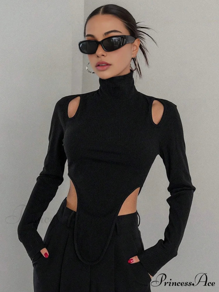 Cut Out High Trendy Neck Asymmetric Hem Top Black / XS