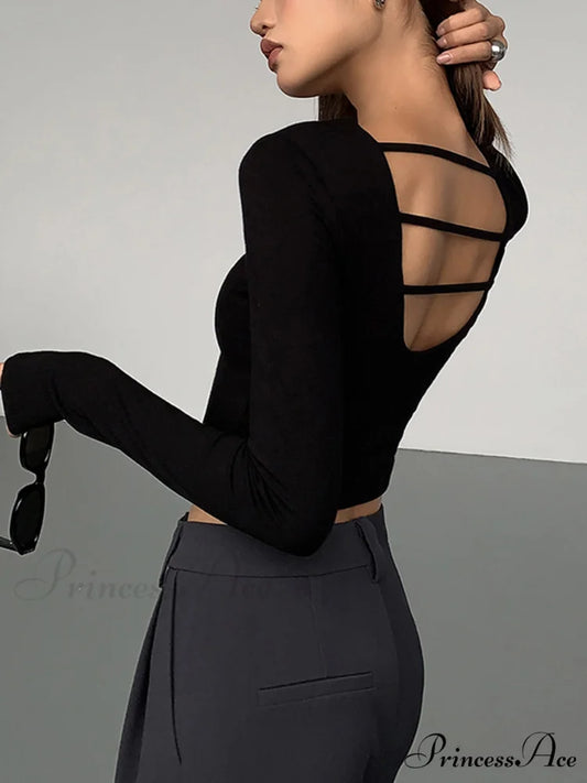 Cut Out Open Back Modern Long Sleeve Crop Top Black / XS