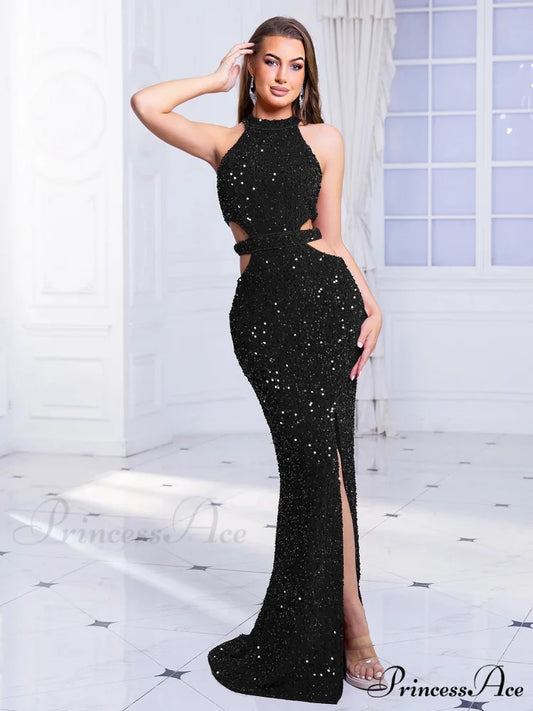 Cut-Out Sequined Party Dress Black / S