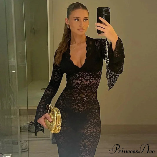 Cut Out Slit Knit Mesh Cover-ups Beachwear Maxi Dress Black / S