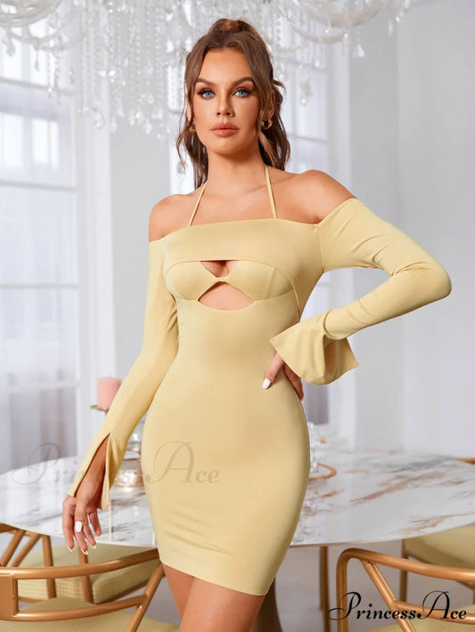 Cut Out Tie Trendy Backless Halter Bodycon Dress Beige / XS