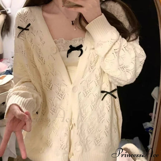 Cute Bow Hollow Out Solid Knit Cardigan Beige / S cardiagn-250126