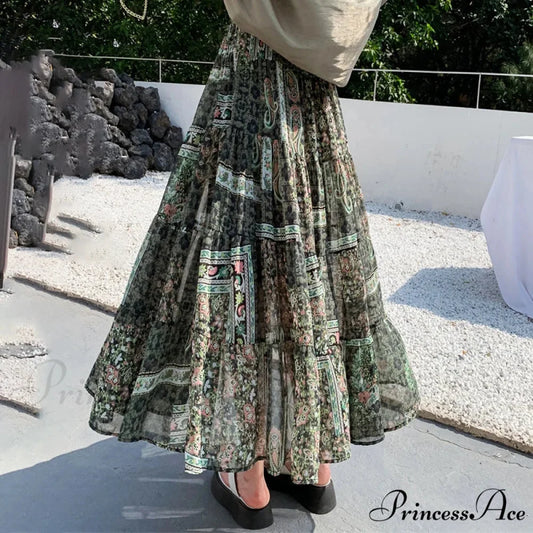 Cute Chiffon Patchwork Floral Tea Time Skirt Green / One Size skirt-250126