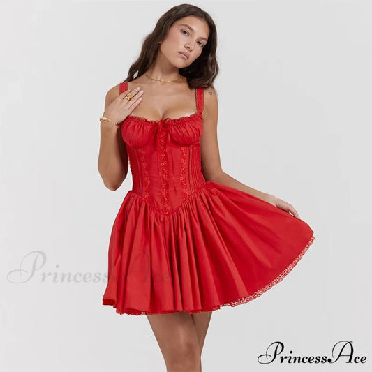 Cute Elegant Italian Noodle Strap Lace Up Red Christmas Party Dress Red / S