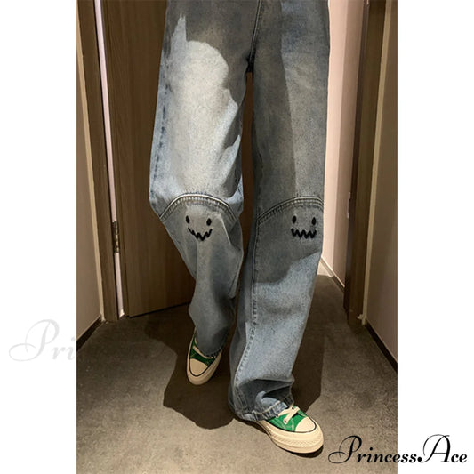 Cute Emoji Face Wide Leg Personalized Jeans