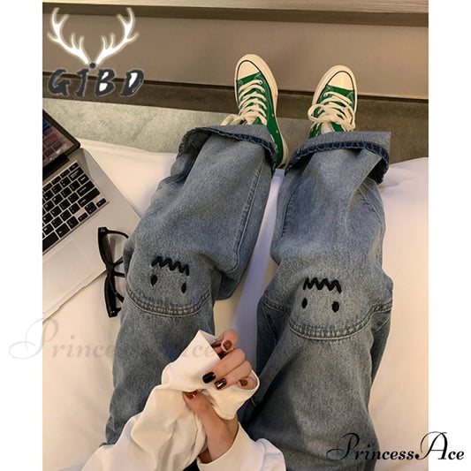 Cute Emoji Face Wide Leg Personalized Jeans