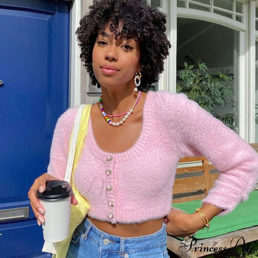 Cute Flower Cable Knit Bishop Classic Sleeve Crop Pullover Sweater - Yellow S / Pink