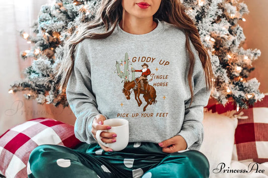 Cute Giddy Up Jingle Horse Cotton Slogan Christmas Hoodie GRAY / S Christmas Hoodies-L