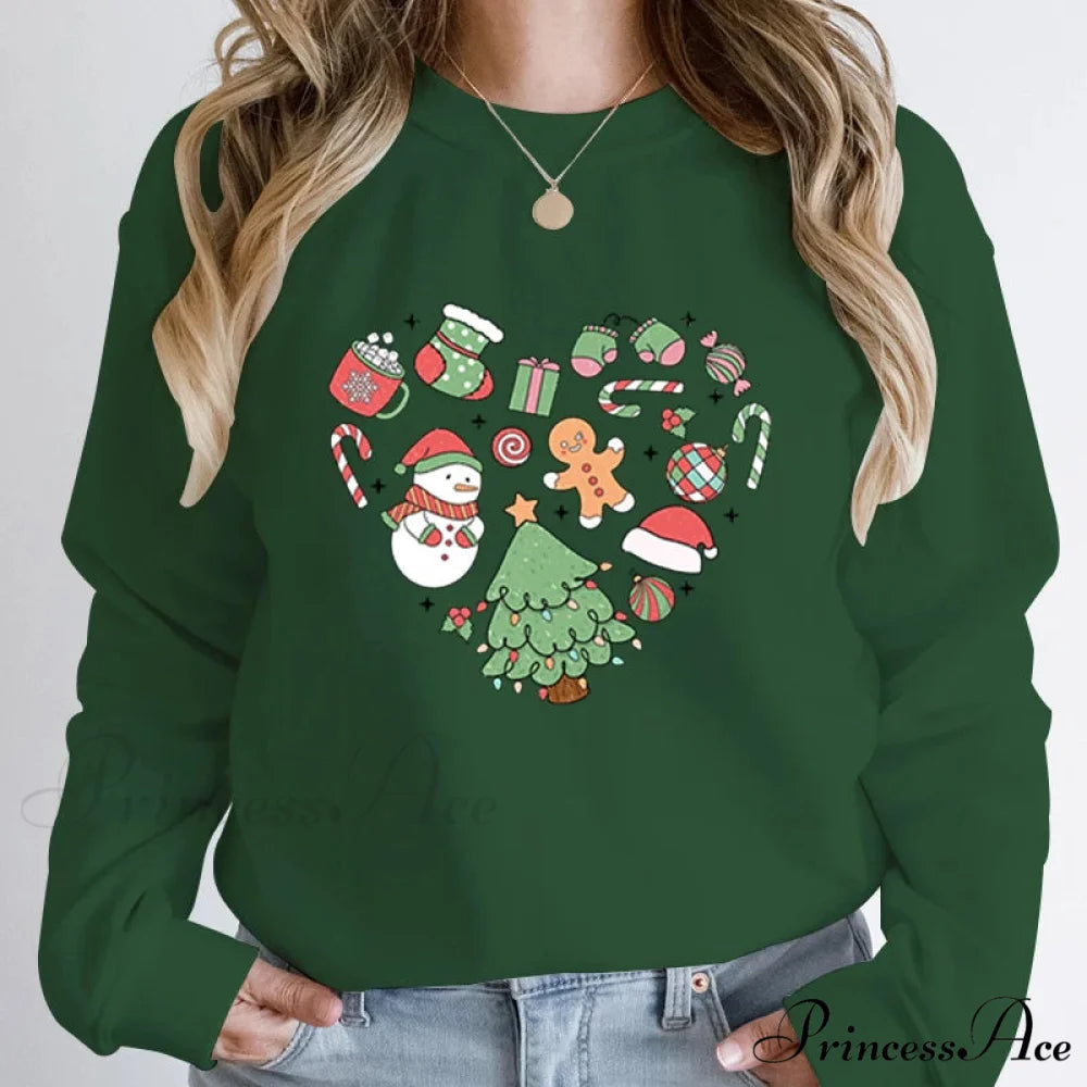 Cute Heart Tree Snowman Fashion Loose Round Neck Christmas Hoodie army green / S Christmas Hoodies-L